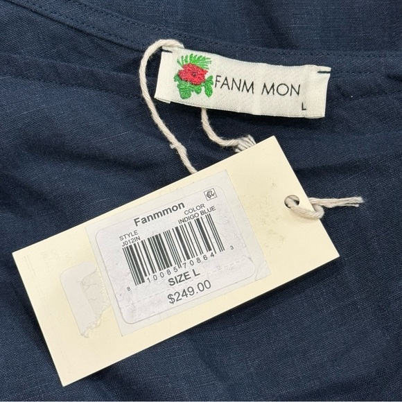 Fanm Mon Navy Flame Linen One Sleeve Ruffle Hem Floral Embroidery Mini Dress NWT - Picture 14 of 16